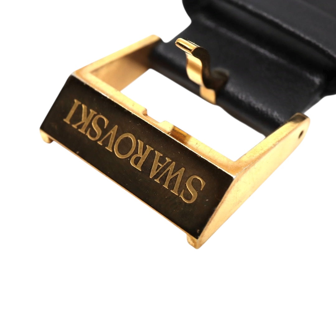 極美品 電池交換済 スワロフスキー 腕時計 5045371 レディース クオーツ ゴールド ブラックレザーベルト クリスタル アナログ ドレスウォッチ エレガント ラグジュアリー スワンロゴ スイス製 クリーニング済み G3