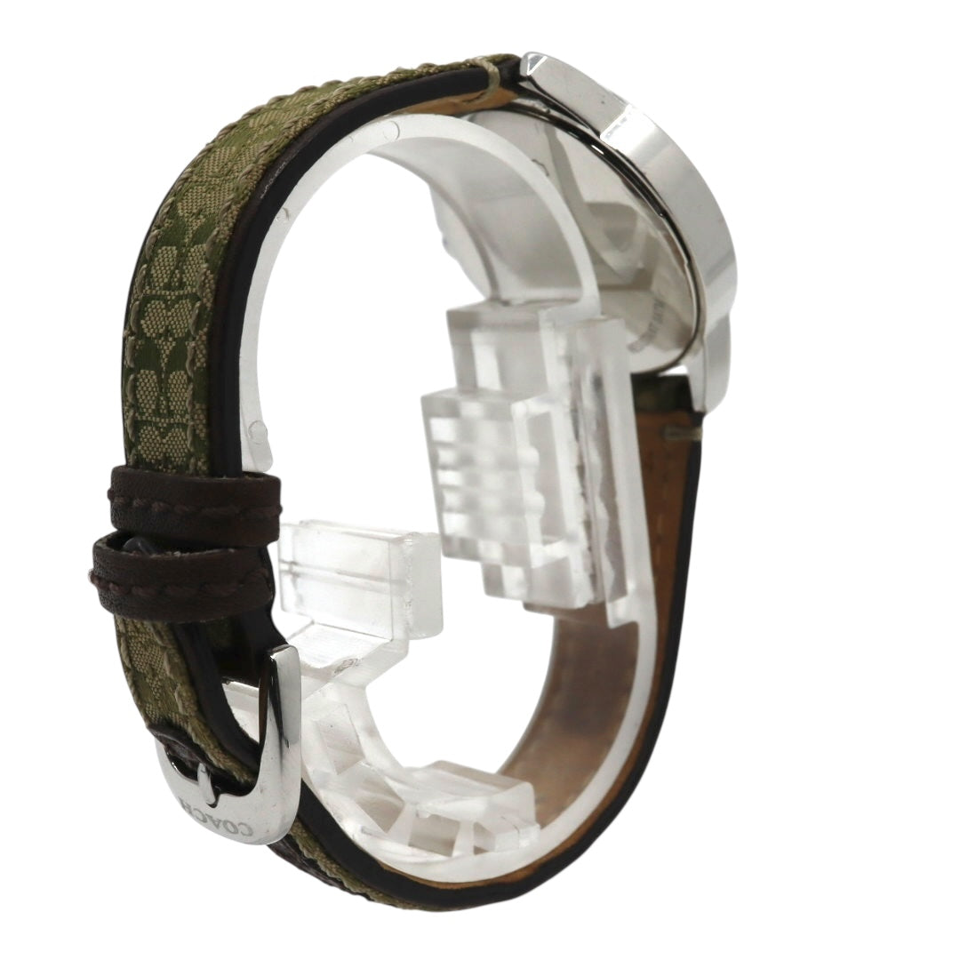 【電池交換済／クリーニング済】コーチ COACH 腕時計 8.180.158 レディースウォッチ クォーツ シルバー文字盤 シグネチャー キャンバスベルト グリーン系 デイトカレンダー アナログ クラシック カジュアル 稼働品 G3