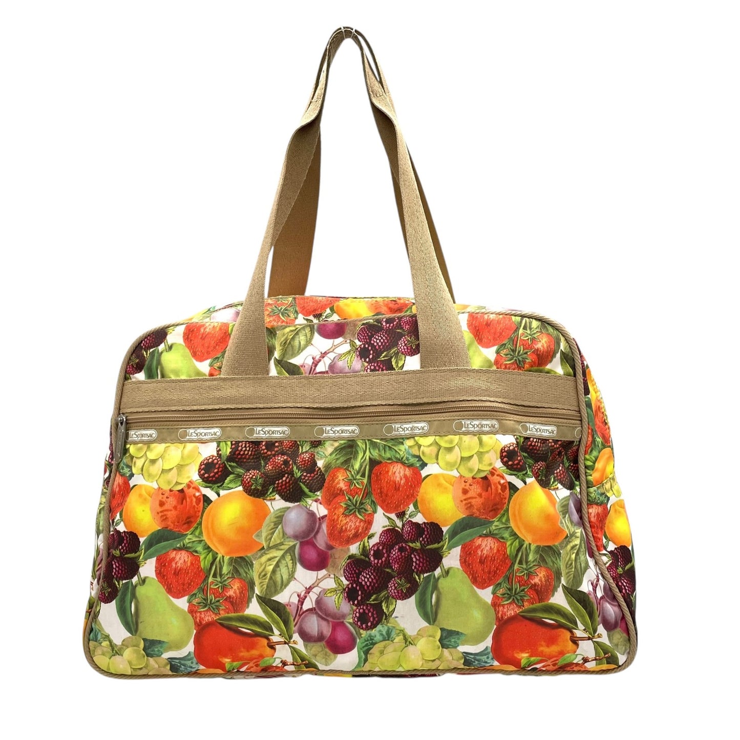 未使用級 LeSportsac レスポートサック ボストンバッグ ナイロン マルチカラー ベージュ 果物 フルーツ柄 総柄 シルバー金具 ロゴ 肩掛け可 レディース S91