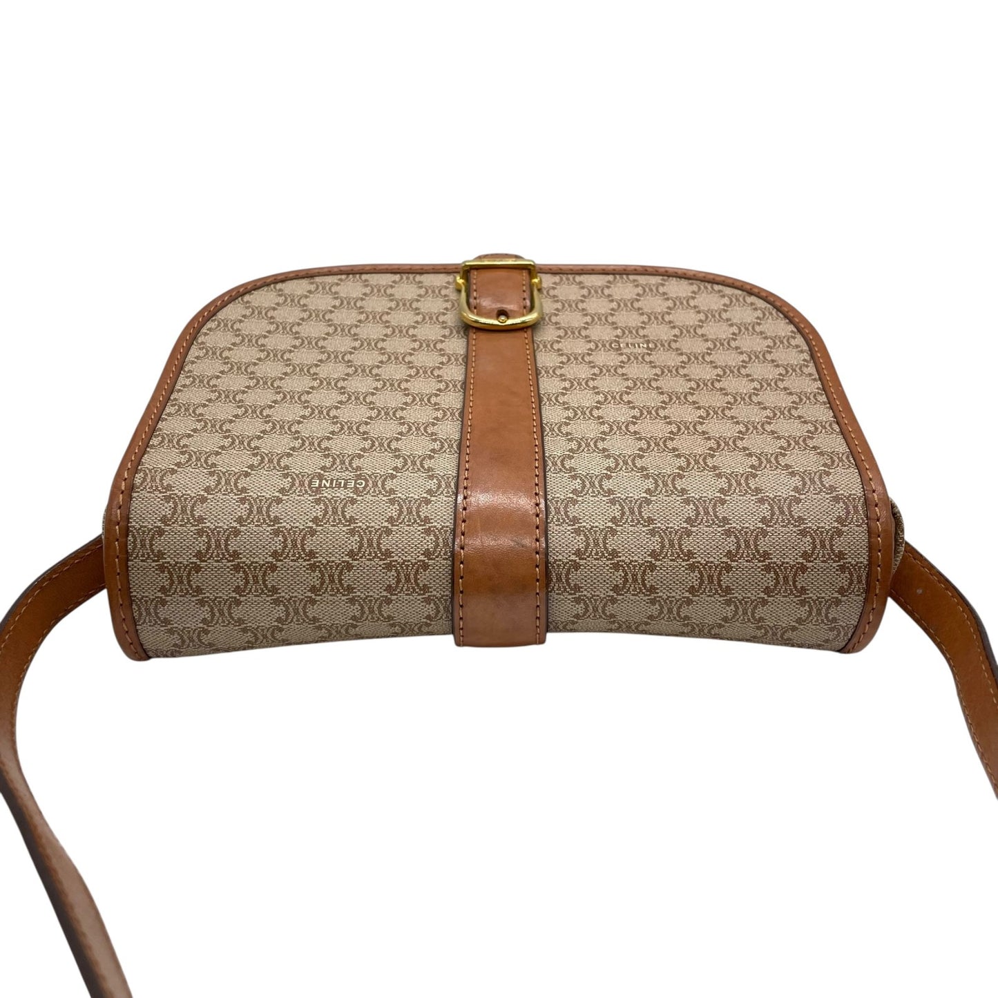 美品 CELINE オールドセリーヌ マカダム柄 トリオンフ ショルダーバッグ PVC レザー ベージュ ブラウン ゴールド金具 斜め掛け可 フラップ開閉 ヴィンテージ レディース K11