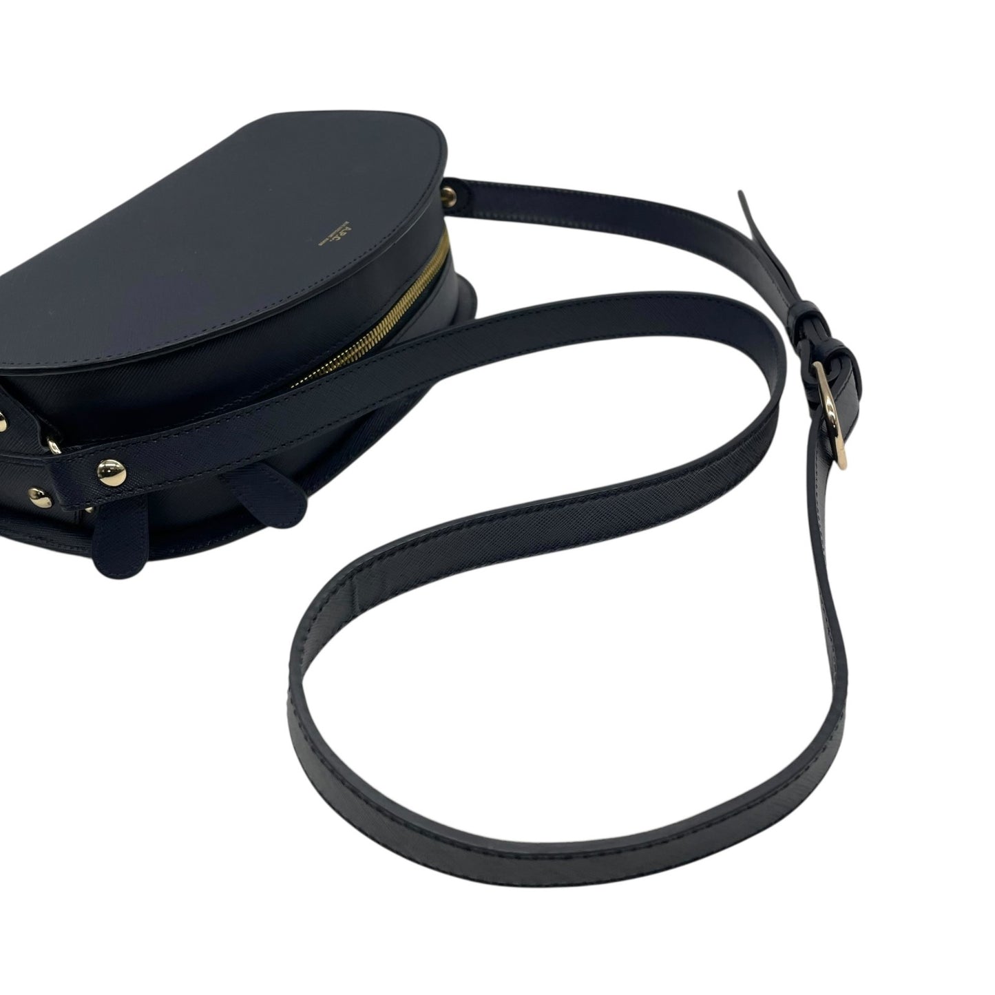 未使用級 アーペーセー A.P.C デミルーン Demi-Lune ショルダーバッグ クロスボディ 紺 ネイビー サフィアーノレザー ゴールド金具 半月型 ハーフムーン ロゴ 斜め掛け可 レディース B2