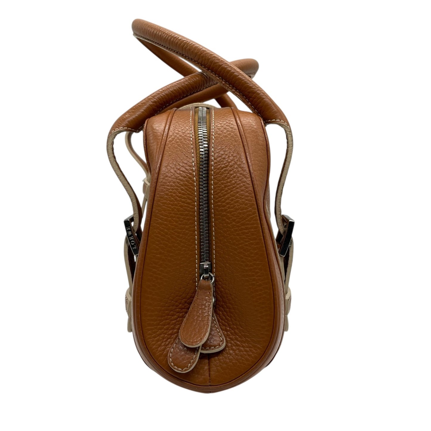 美品 ロエベ LOEWE センダ ハンドバッグ キャメルブラウン 茶 レザー シルバー金具 ファスナー開閉 ロゴ型押し レディース A