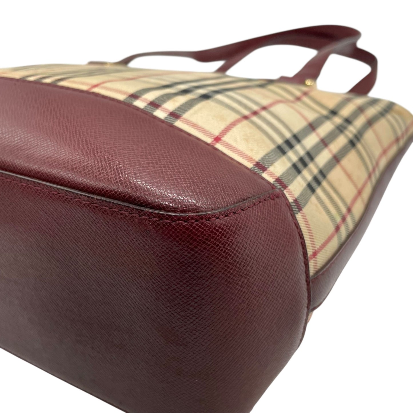 バーバリー BURBERRY ノバチェック ハンドバッグ トートバッグ ベージュ 赤 ボルドー チェック柄 キャンバス レザー ゴールド金具 ロゴ型押し ファスナー開閉 レディース D5