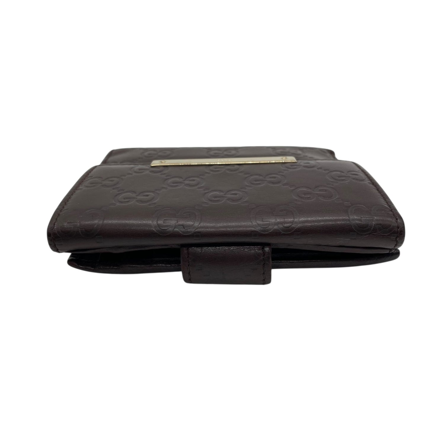 GUCCI グッチ グッチシマ 二つ折り財布 コンパクトウォレット GG柄 型押し レザー ブラウン ゴールド金具 プレートロゴ ヴィンテージ レディース M2