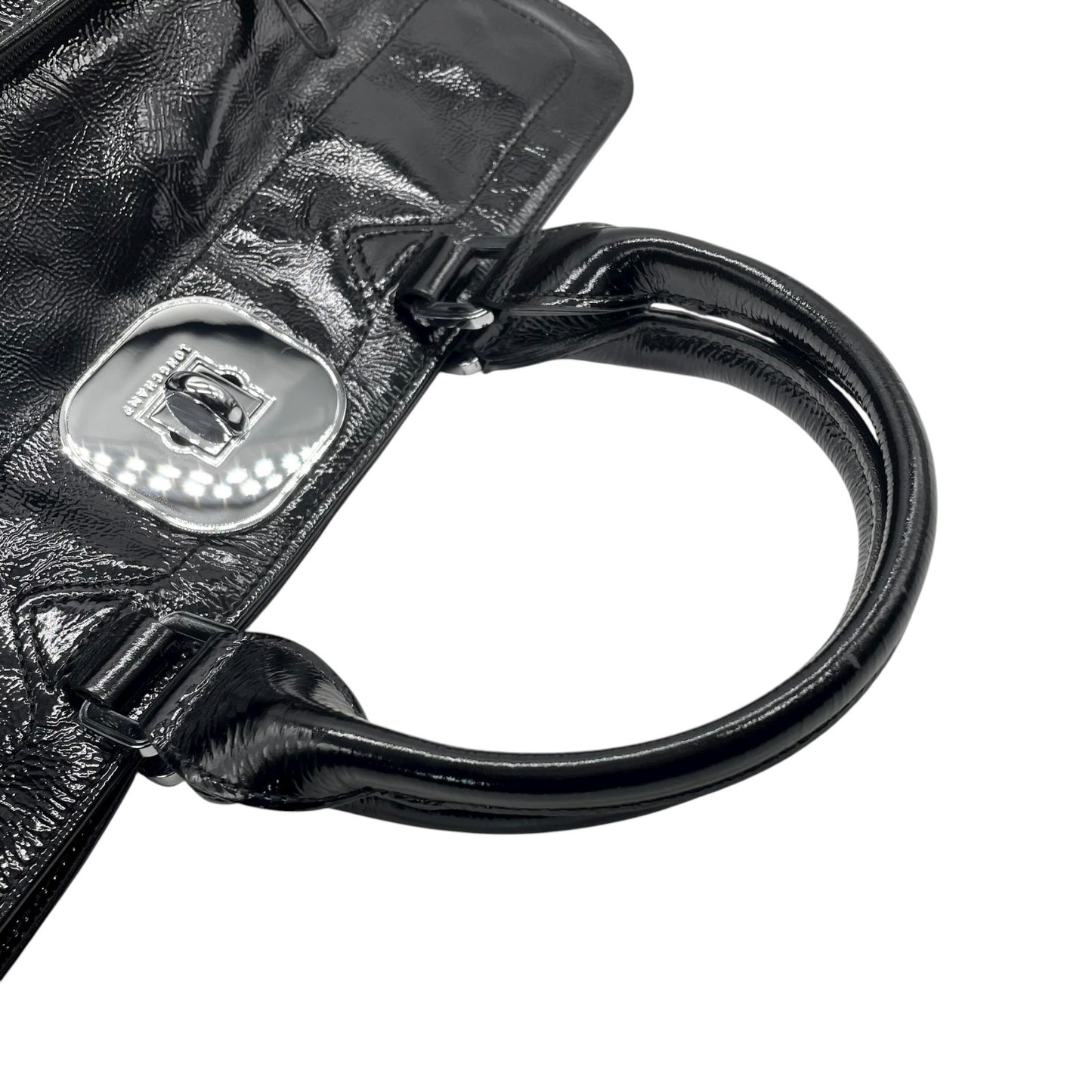 LONGCHAMP ロンシャン パテントレザー ハンドバッグ ブラック シルバー金具 エンボスホース ロゴ入り フロントジップ フランス製 A5