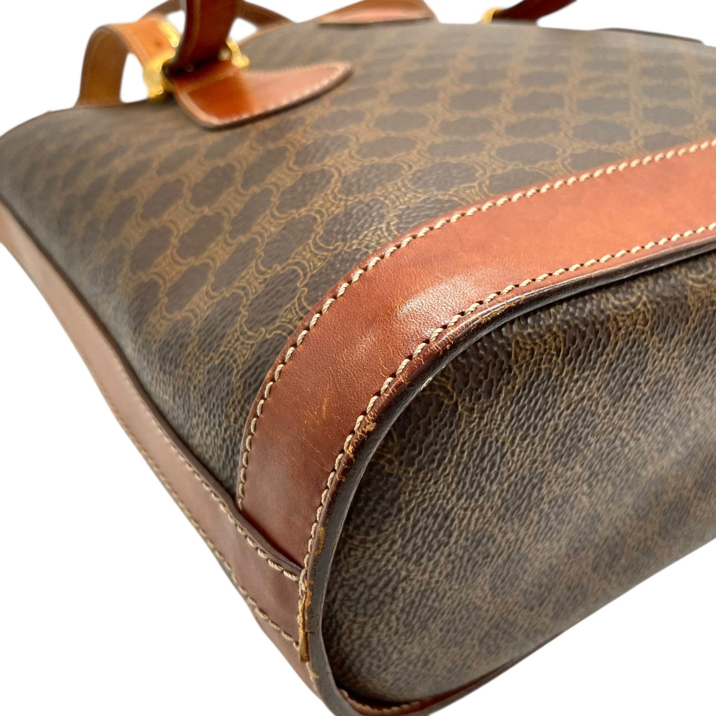 CELINE セリーヌ ヴィンテージ マカダム トートバッグ PVC レザー ブラウン トリオンフ 金具 90s イタリア製 ショルダー可 オールドセリーヌ K9