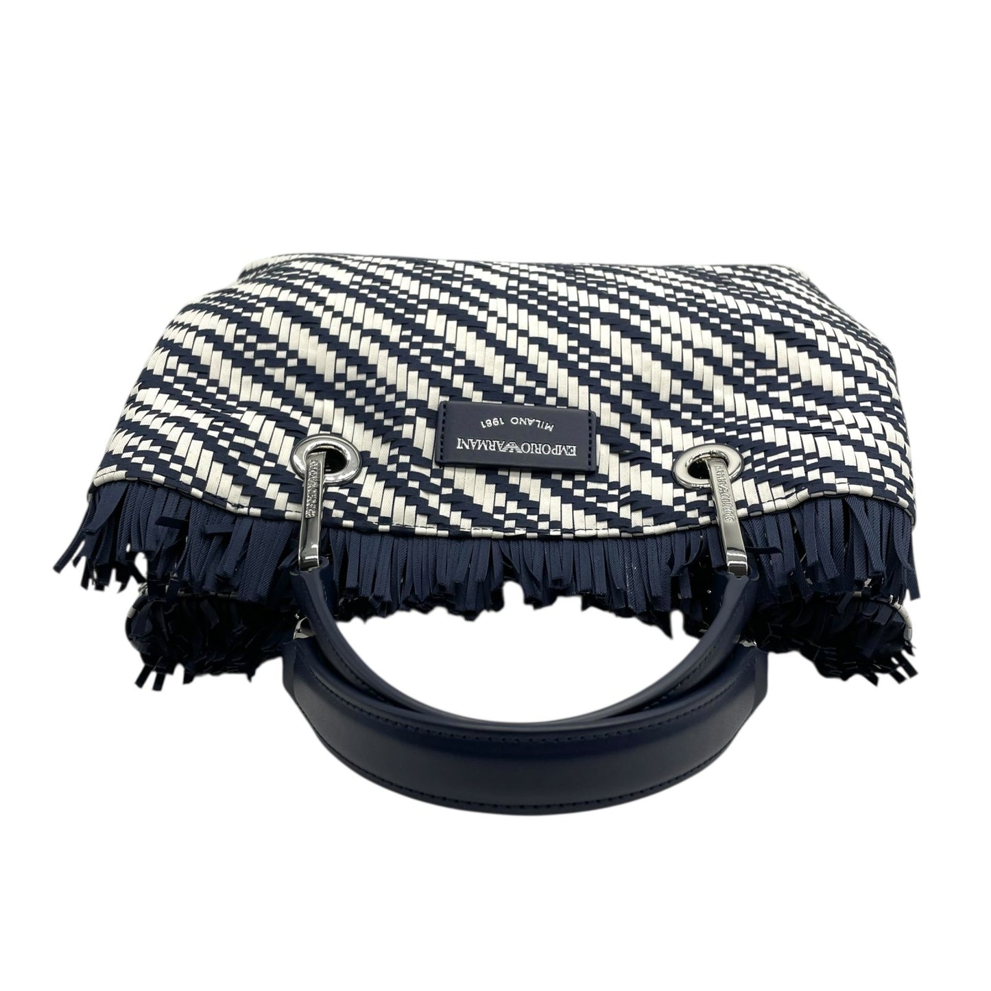 【未使用級】EMPORIO ARMANI エンポリオアルマーニ 2way ハンドバッグ ショルダーバッグ 編み込み キャンバス フリンジ ネイビー ホワイト D