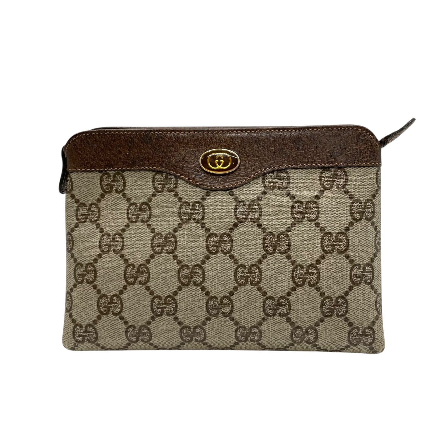 GUCCI グッチ GGスプリーム PVC レザー ポーチ グレー ベージュ ブラウン ゴールド金具 64・01 クラシックデザイン メンズ C