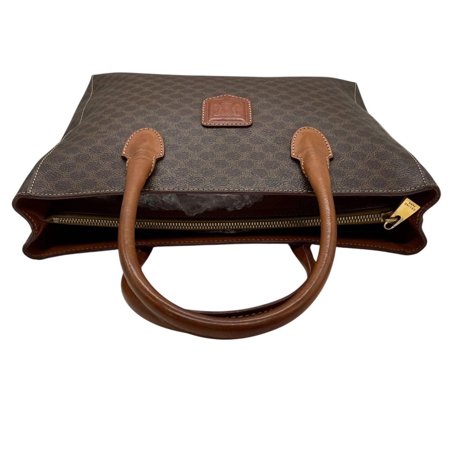 美品 CELINE セリーヌ ヴィンテージ ハンドバッグ マカダム柄 トートバッグ ブラウン レザー PVC MC97 Z1