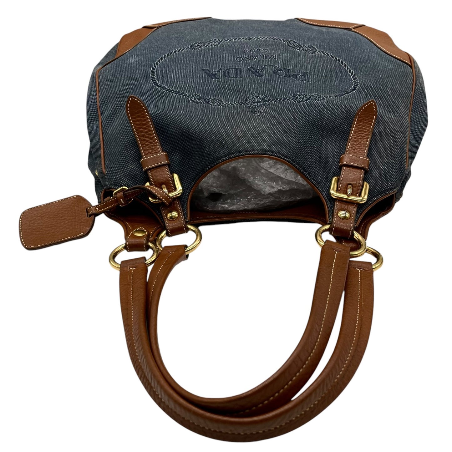 美品 PRADA プラダ ロゴ ジャガード トートバッグ ショルダー デニム レザー ブルー ブラウン ゴールド金具 D5