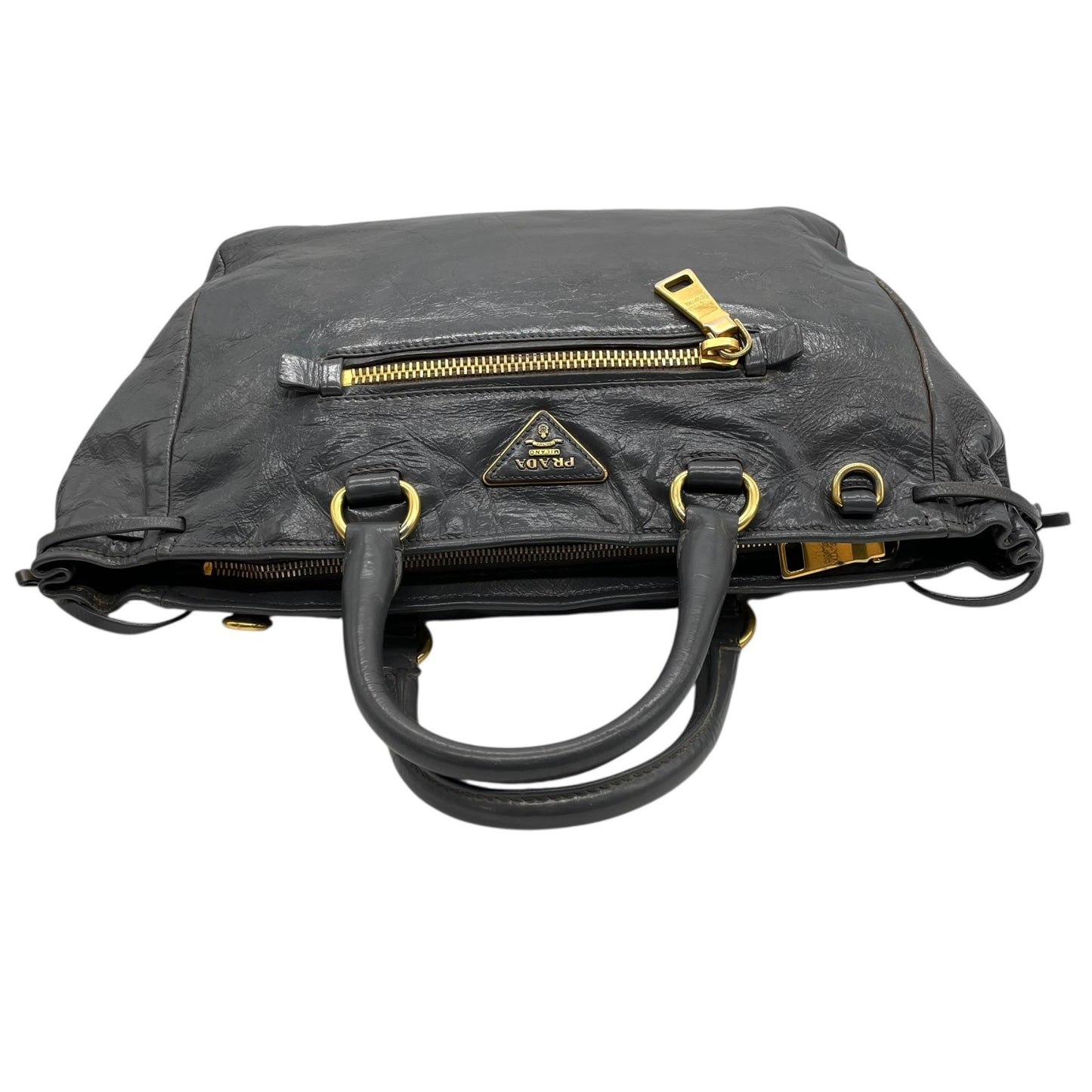 Authentic PRADA 2WAY Handbag Shoulder Bag Leather Gold Hardware Triangular Logo Dark Gray Women's Crossbody