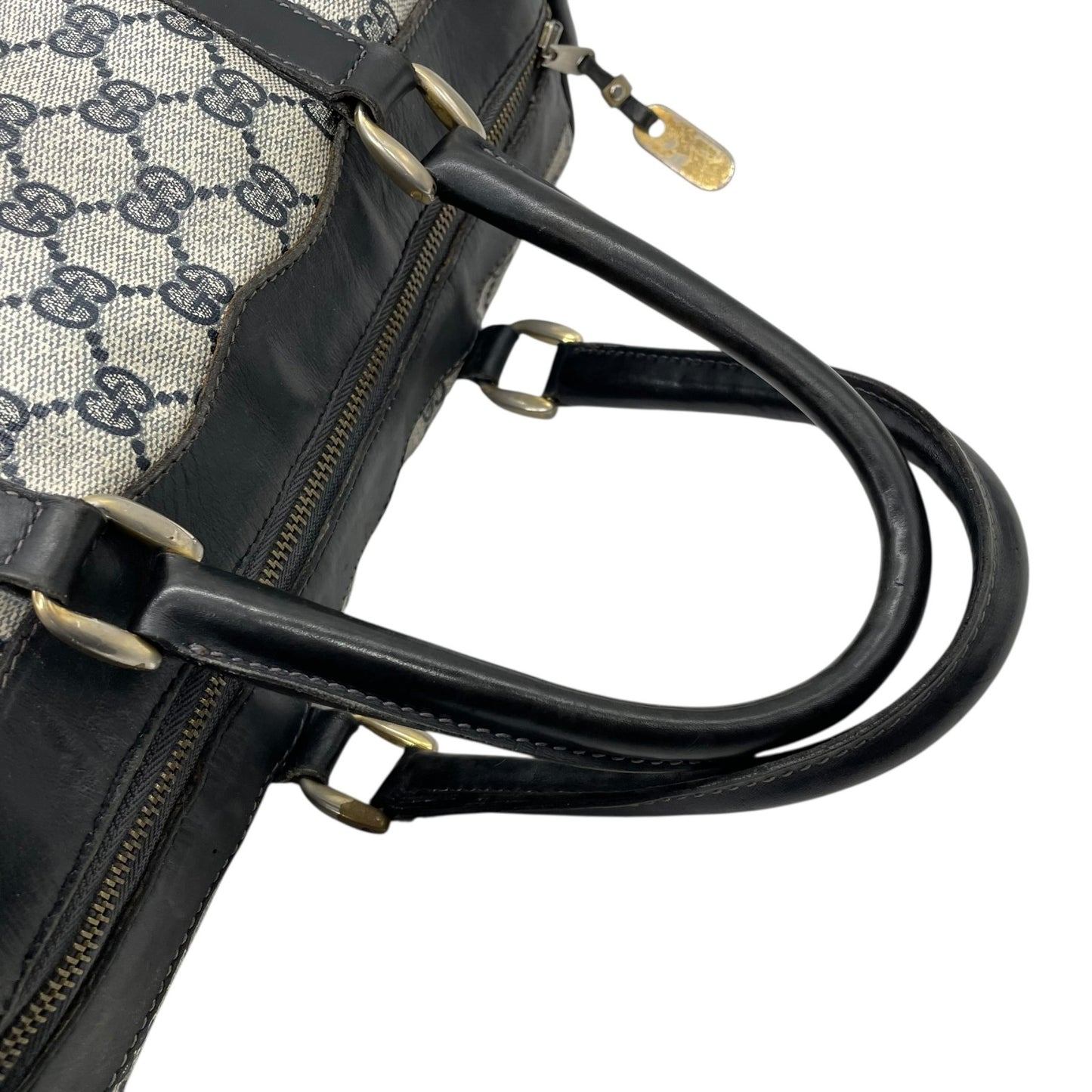 Authentic GUCCI GG Supreme Boston Bag Gray Navy PVC Leather Gold Hardware Vintage Women's Handbag GG Pattern