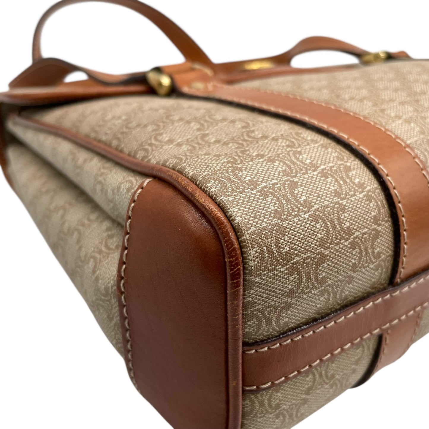 Authentic CELINE Macadam Handbag PVC Leather Vintage Beige Brown M06 Old Celine Gold Hardware Ladies