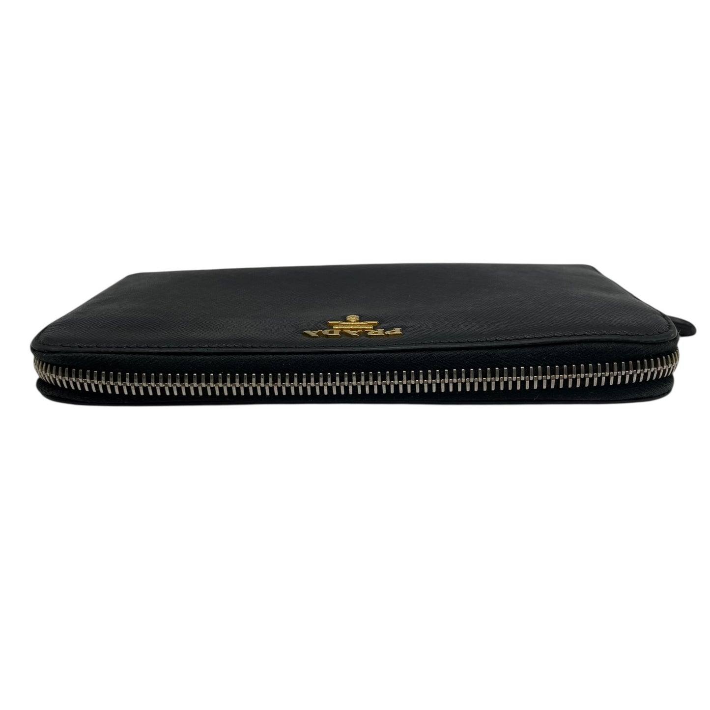 Authentic PRADA Saffiano Leather Long Wallet Black Round Zipper Logo Gold Hardware Women's