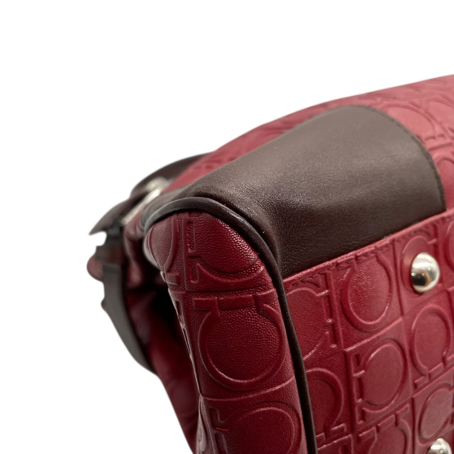 美品 フェラガモ Salvatore Ferragamo ガンチーニ ボルドー レザー ハンドバッグ トートバッグ 総柄 赤 レッド ブラウン シルバー金具 レディース D