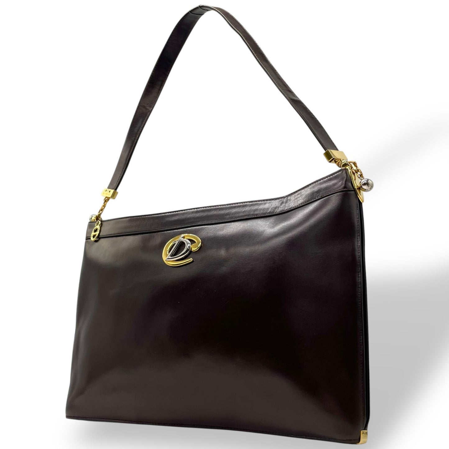 美品 Christian Dior クリスチャンディオール ショルダーバッグ ヴィンテージ ワンショルダー ハンドバッグ ダークブラウン レザー ゴールド金具 CDロゴ レディース U3