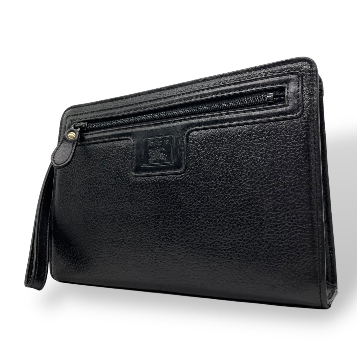 Authentic BURBERRY Black Leather Clutch Bag Nova Check Interior Horse Logo