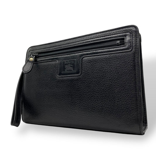 Authentic BURBERRY Black Leather Clutch Bag Nova Check Interior Horse Logo