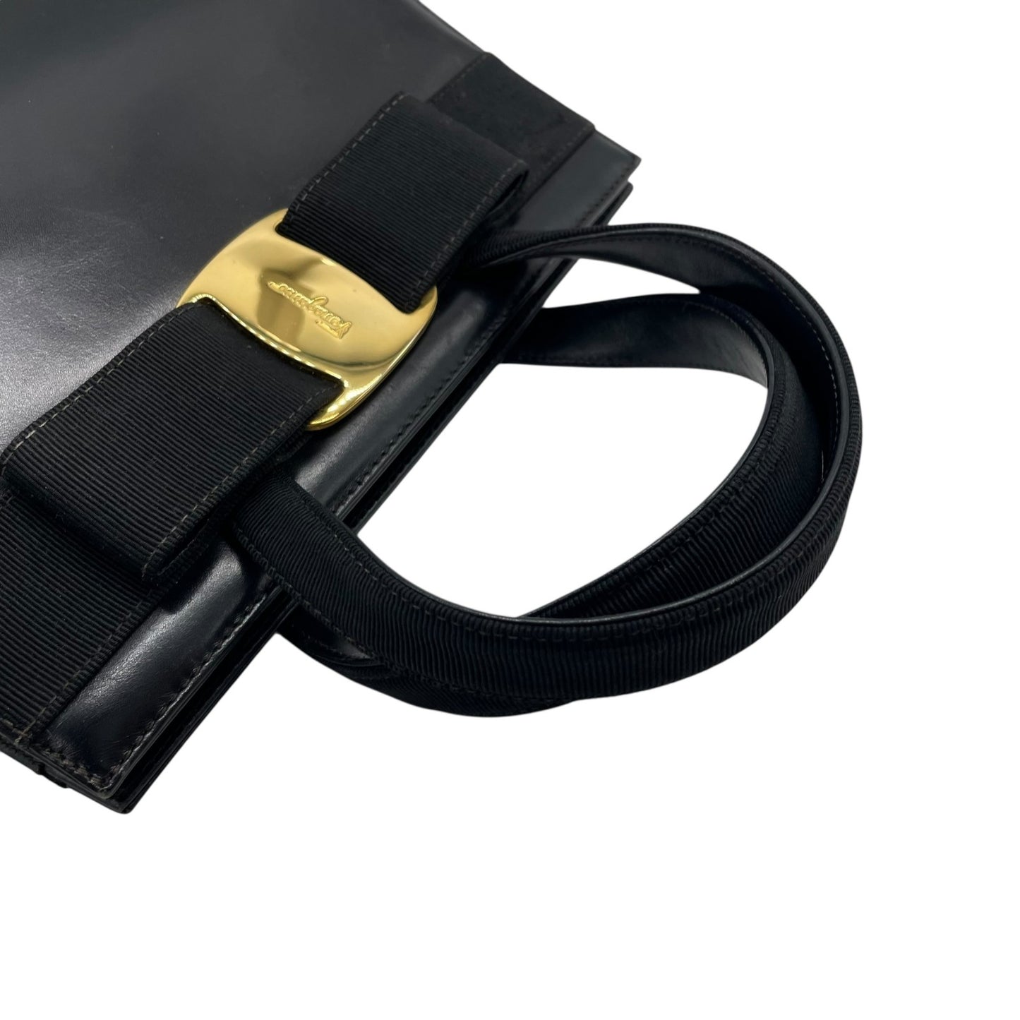 Authentic Salvatore Ferragamo Vara Ribbon Handbag Black Leather Gold Hardware