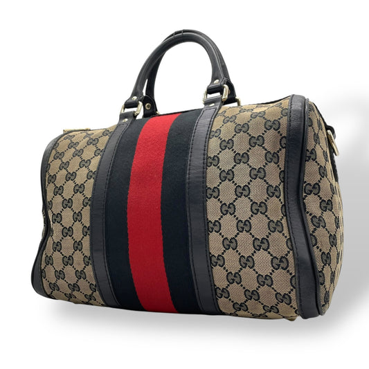Authentic GUCCI GG Canvas Sherry Line Mini Boston Bag Navy Beige Red Leather