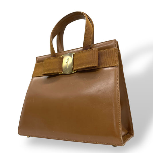 Authentic Salvatore Ferragamo Vara Ribbon Brown Leather Handbag Gold Hardware