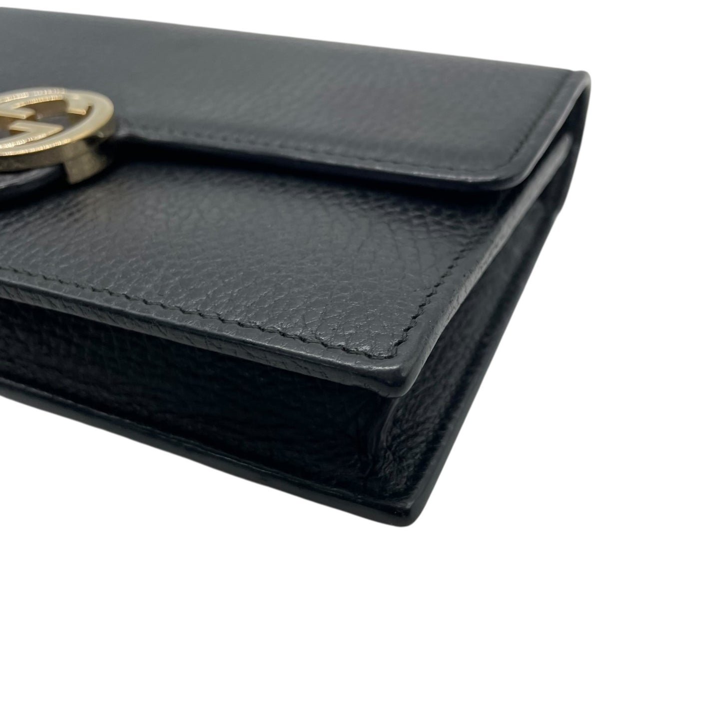 美品 GUCCI グッチ インターロッキングG ウォレットバッグ 510314 チェーンショルダー 長財布 ショルダーバッグ 黒 ブラック レザー ゴールド金具 GG 斜め掛け 箱付き レディース W1