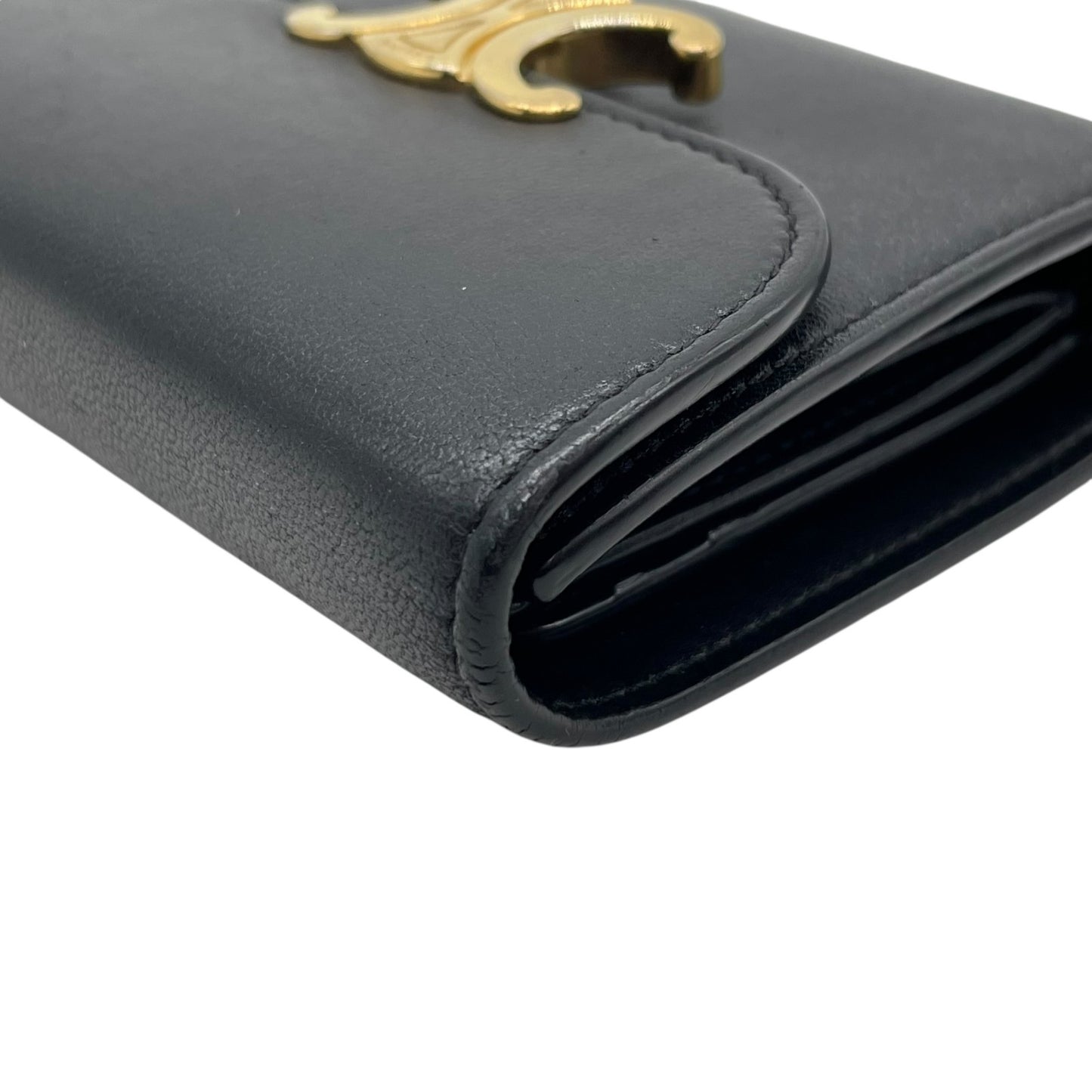 Authentic CELINE Triomphe Compact Wallet Black Leather Gold Hardware with Box