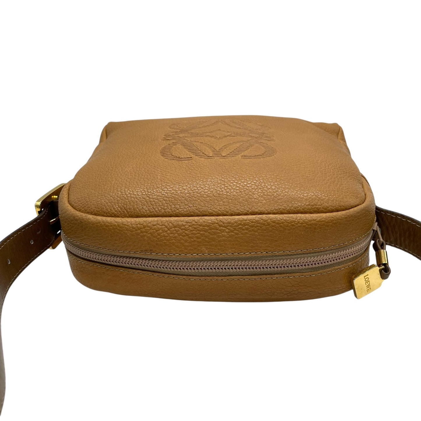 Authentic LOEWE Anagram Embossed Leather Shoulder Bag Camel Gold