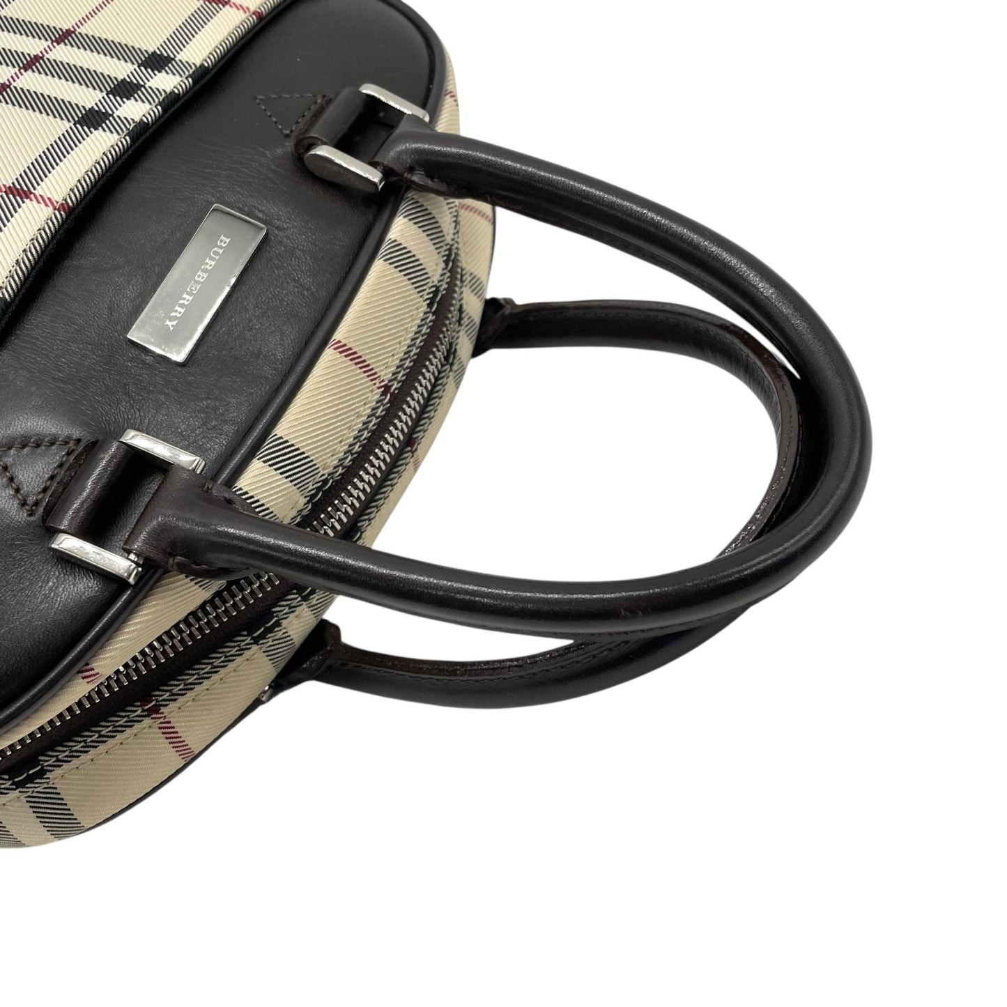 美品 BURBERRY バーバリー ノバチェック柄 ハンドバッグ ミニボストンバッグ ベージュ キャンバス×ブラウンレザー メンズ レディース ボーイズ ガールズ 旅行 ビジネス K10