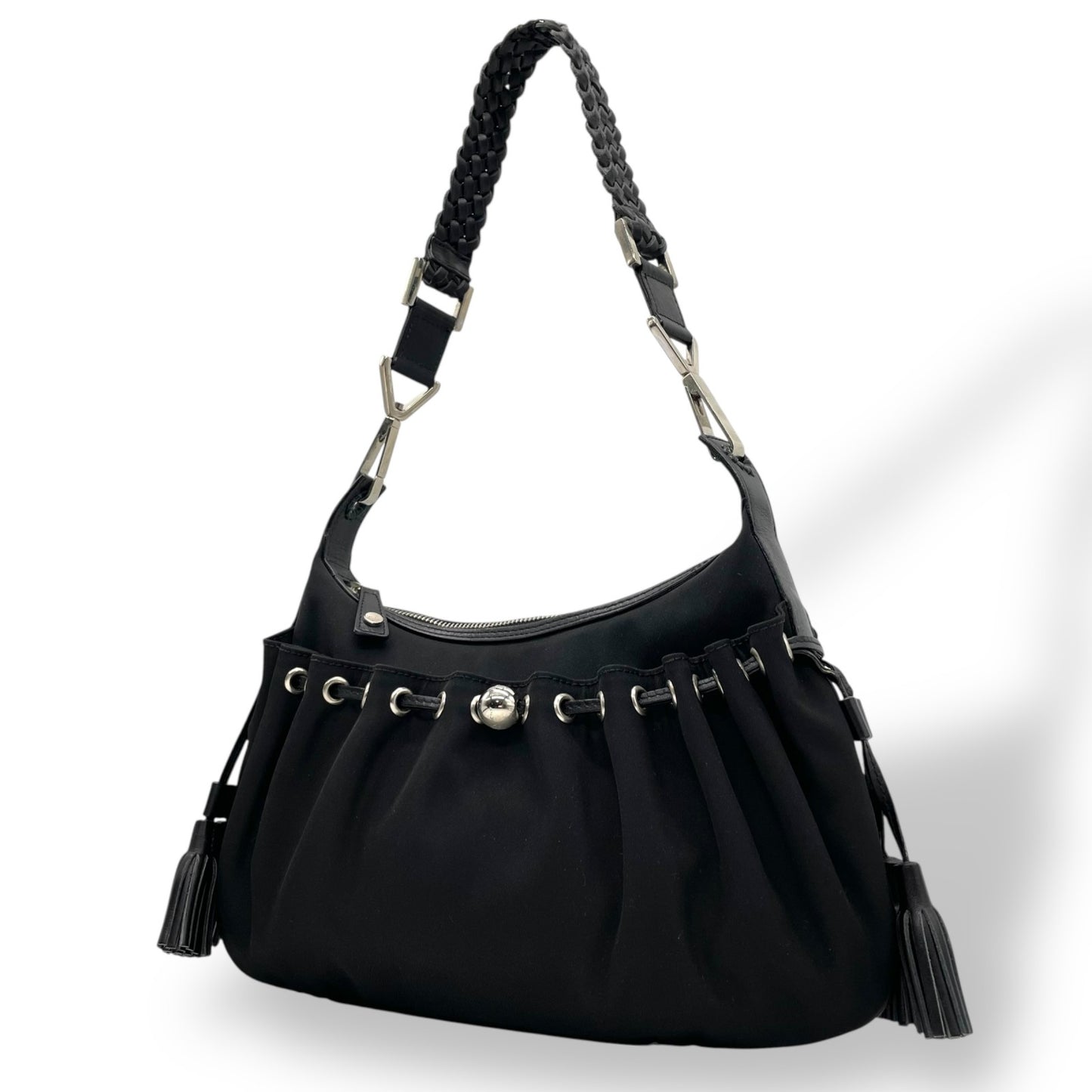 美品 ジバンシー ジバンシィ GIVENCHY ブラック 黒 ワンショルダー ショルダーバッグ ナイロン×レザー タッセル付き シルバー金具 高級 ハンドバッグ レディース K11