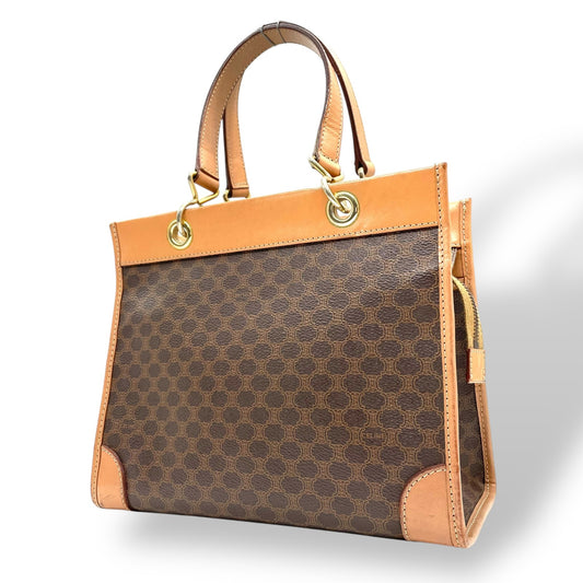CELINE セリーヌ マカダム柄 ハンドバッグ ミニトート 茶 ブラウン PVC レザー ゴールド金具 手提げ ヴィンテージ オールドセリーヌ レディース E