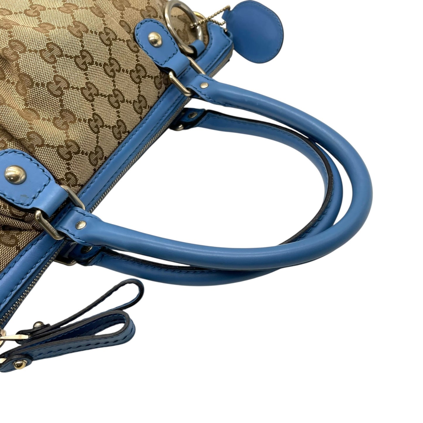 美品 GUCCI グッチ スーキー ハンドバッグ 2way ショルダーバッグ GG柄 キャンバス ジャカード レザー インターロッキング ブルー 青 チャーム付き 247902 K8