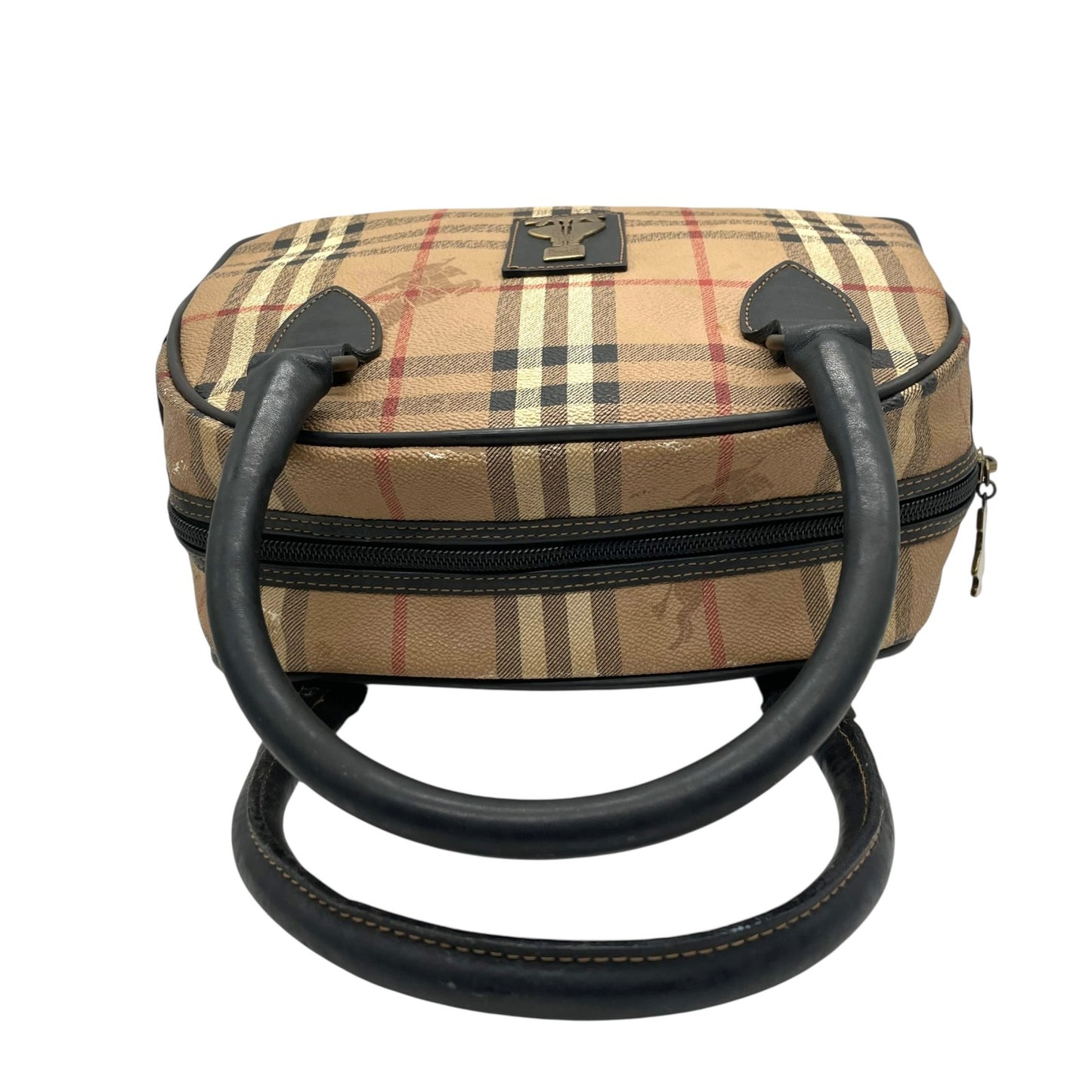 BURBERRY バーバリー ミニボストンバッグ ハンドバッグ ノバチェック シャドーホース シェルター ベージュ 黒 ブラック ゴールド金具 PVC レザー ファスナー開閉 手提げ ヴィンテージ レディース K6