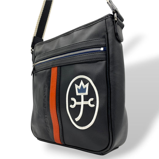 美品 カステルバジャック CASTELBAJAC ショルダーバッグ クロスボディ ロゴ刺繍 レザー ナイロン 黒 ブラック C11