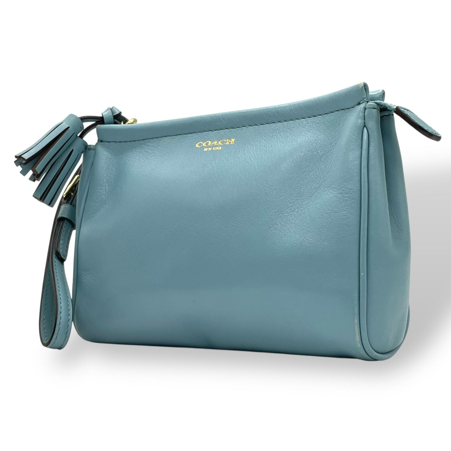 美品 コーチ COACH ポーチ レザー スカイブルー タッセル付き ロゴ 上品 コンパクト 本革 S52