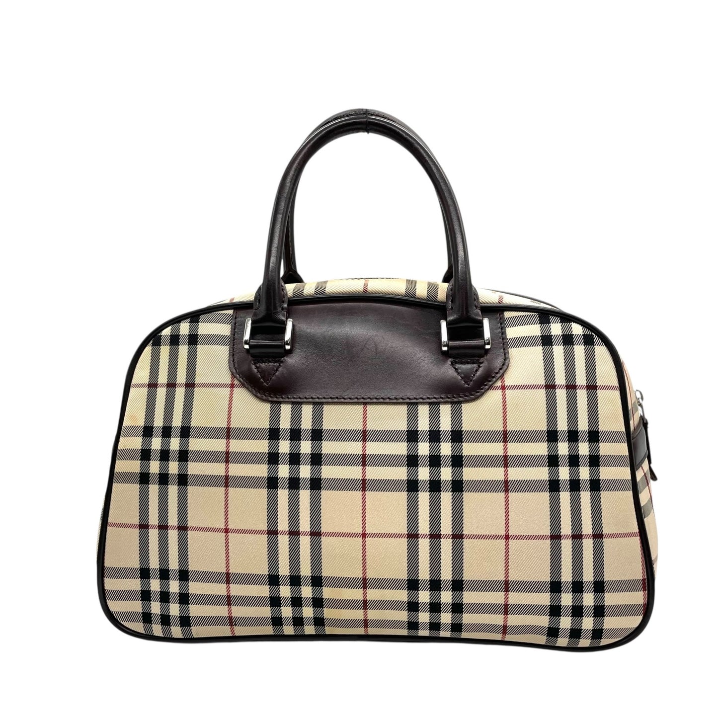 美品 バーバリー BURBERRY ハウスチェック ノバチェック ボストンバッグ レザー キャンバス 茶色 ブラウン×ベージュ ロゴプレート C7