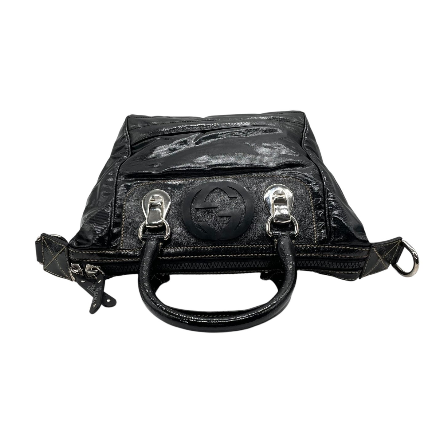 美品 グッチ GUCCI ハンドバッグ ショルダーバッグ ブラック 黒 2way パテントレザー インターロッキングG GGロゴ 手提げ 斜め掛け可 シルバー金具 レディース B2