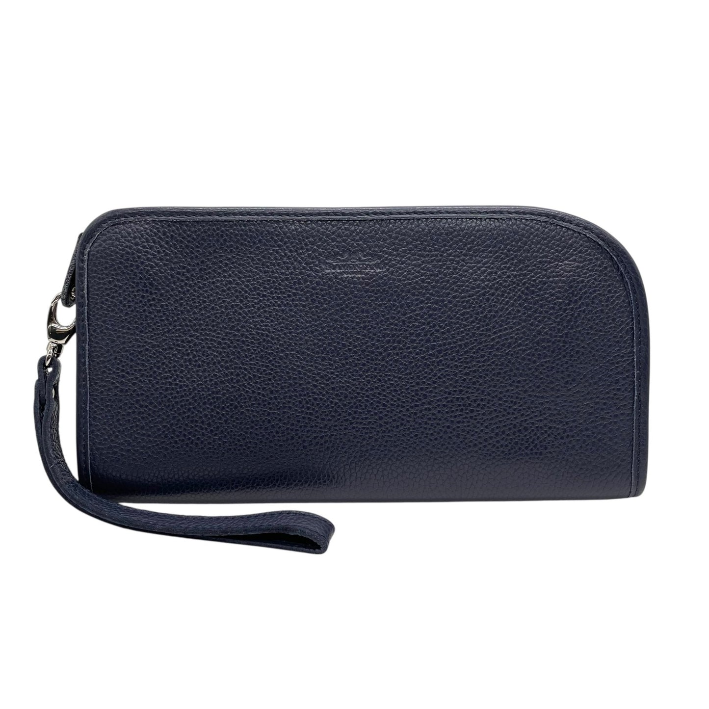 美品 トラモンターノ TRAMONTANO クラッチバッグ セカンドバッグ 紺 ネイビー レザー シボ革 シルバー金具 ストラップ付 メンズ S21