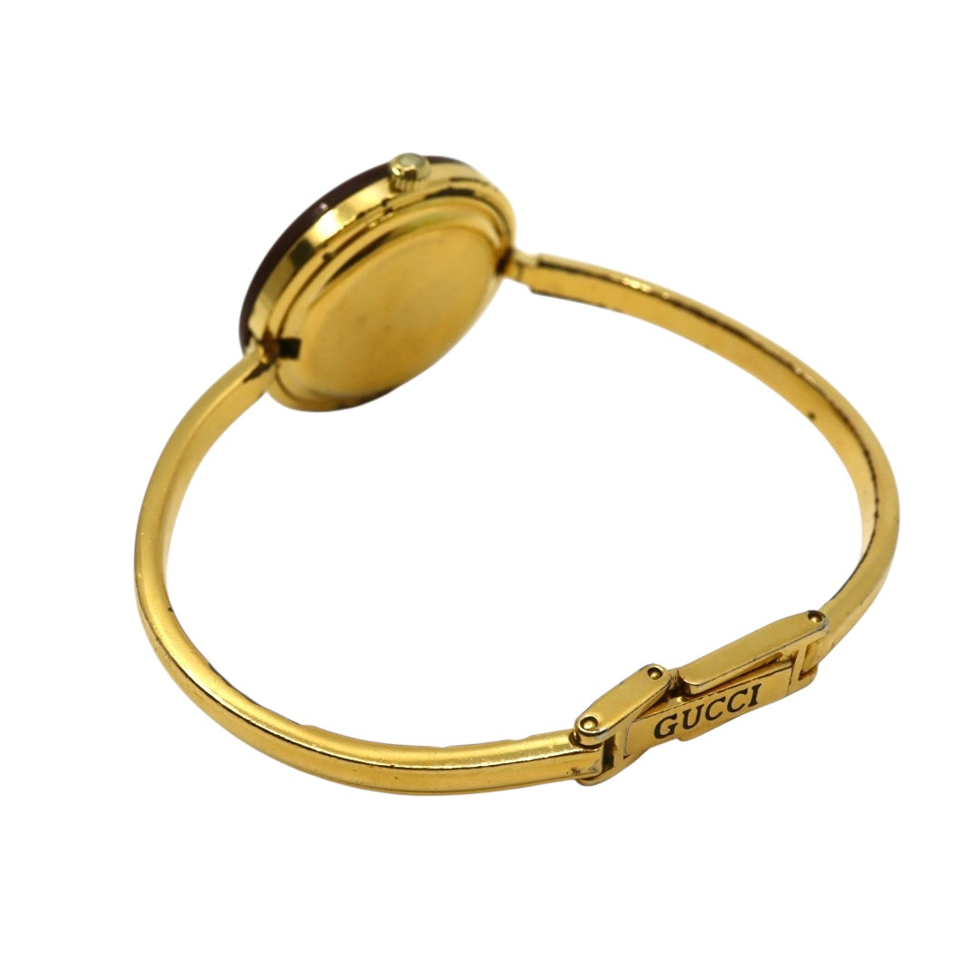 【美品/電池交換済】グッチ GUCCI チェンジベゼル 11/12.2 腕時計 レディースウォッチ クオーツ バングルウォッチ ゴールド ホワイト文字盤 ヴィンテージ アンティーク クラシック エレガント 人気モデル ブラウンベゼル クリーニング済み G3