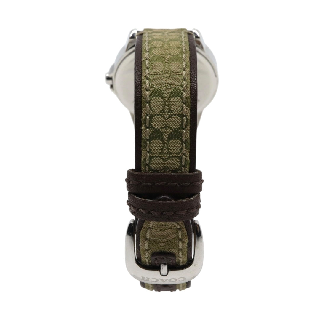 【電池交換済／クリーニング済】コーチ COACH 腕時計 8.180.158 レディースウォッチ クォーツ シルバー文字盤 シグネチャー キャンバスベルト グリーン系 デイトカレンダー アナログ クラシック カジュアル 稼働品 G3