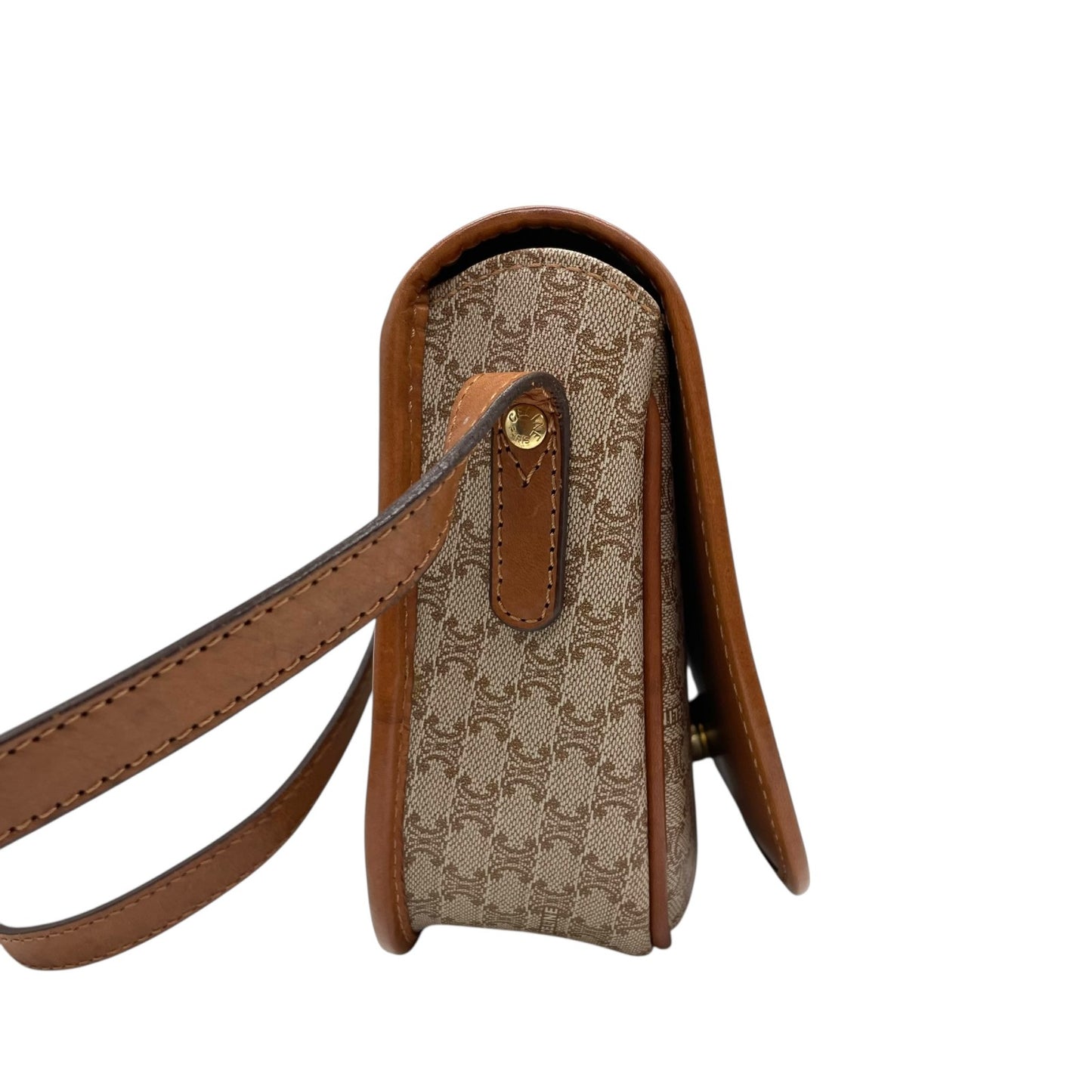 美品 CELINE オールドセリーヌ マカダム柄 トリオンフ ショルダーバッグ PVC レザー ベージュ ブラウン ゴールド金具 斜め掛け可 フラップ開閉 ヴィンテージ レディース K11