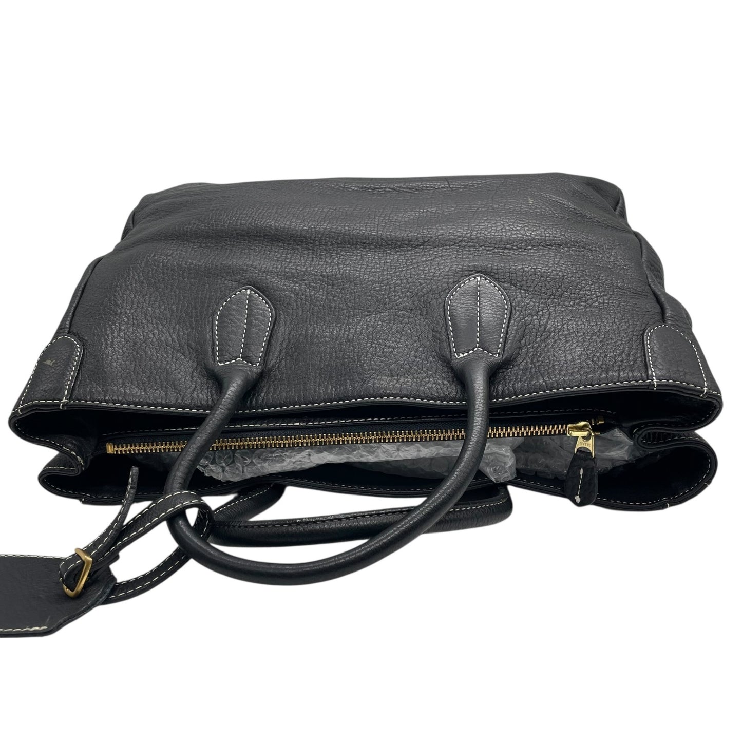 A.D.M.J エーディーエムジェイ トートバッグ レザー 黒 ブラック ホワイトステッチ シュリンクレザー 金金具 ゴールド金具 T3