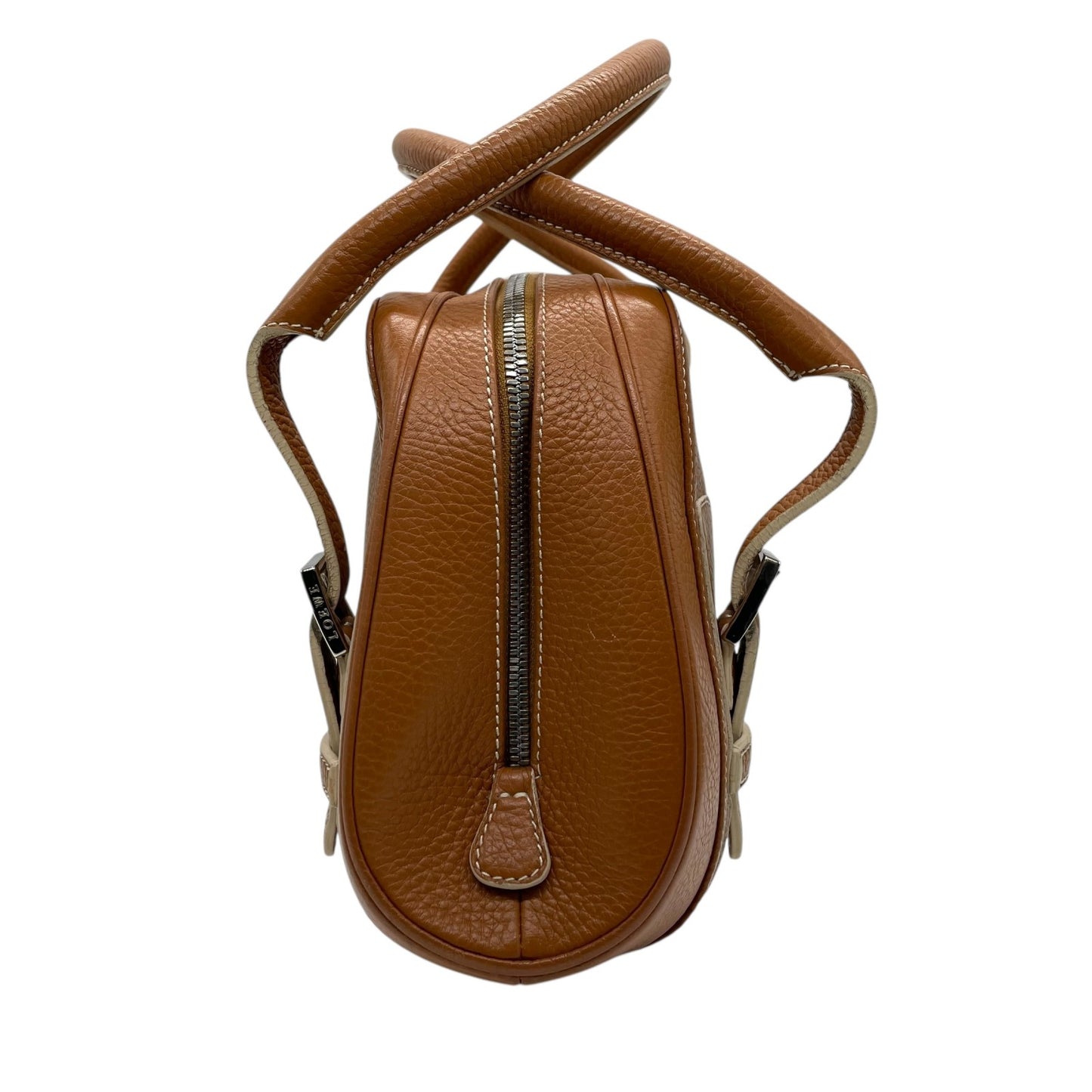 美品 ロエベ LOEWE センダ ハンドバッグ キャメルブラウン 茶 レザー シルバー金具 ファスナー開閉 ロゴ型押し レディース A