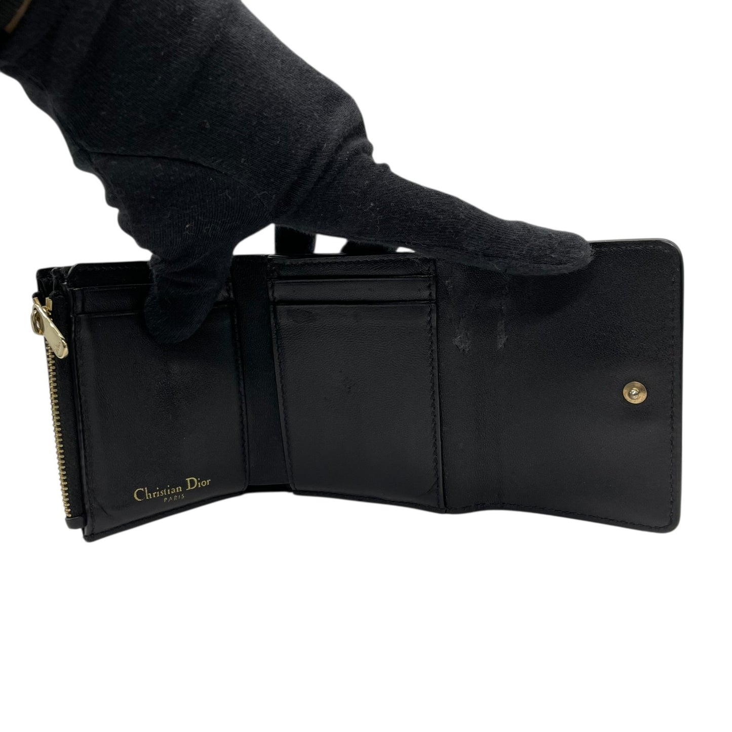 【美品】Christian Dior クリスチャンディオール モンテーニュ ロータス 三つ折り財布 コンパクトウォレット ブラック レザー CDロゴ ゴールド金具 レディース W3