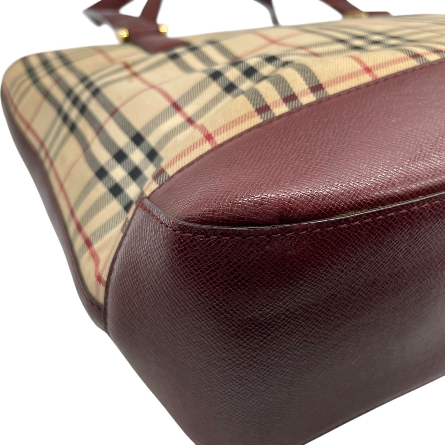 バーバリー BURBERRY ノバチェック ハンドバッグ トートバッグ ベージュ 赤 ボルドー チェック柄 キャンバス レザー ゴールド金具 ロゴ型押し ファスナー開閉 レディース D5