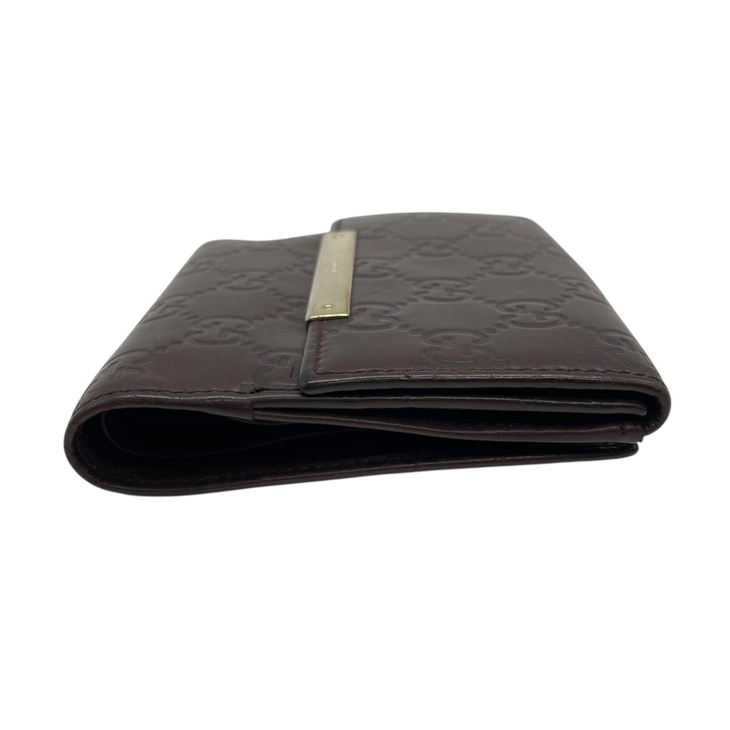 GUCCI グッチ グッチシマ 二つ折り財布 コンパクトウォレット GG柄 型押し レザー ブラウン ゴールド金具 プレートロゴ ヴィンテージ レディース M2