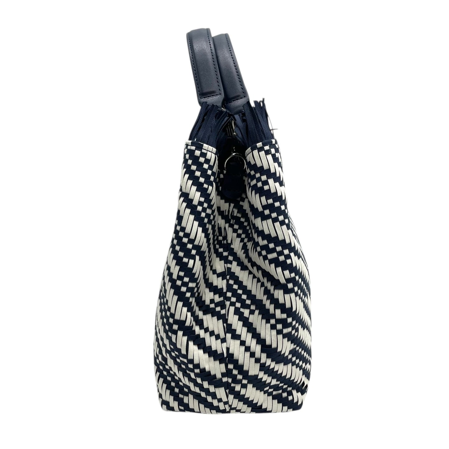 【未使用級】EMPORIO ARMANI エンポリオアルマーニ 2way ハンドバッグ ショルダーバッグ 編み込み キャンバス フリンジ ネイビー ホワイト D