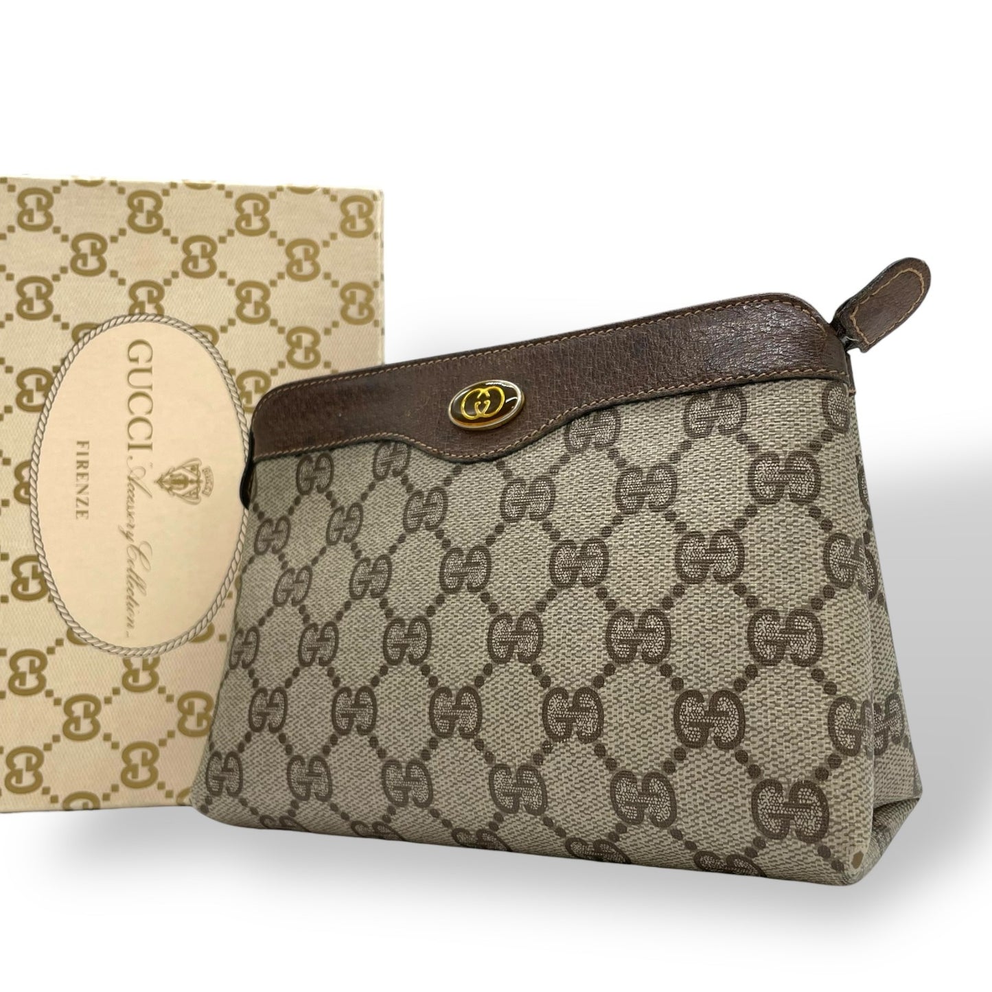 GUCCI グッチ GGスプリーム PVC レザー ポーチ グレー ベージュ ブラウン ゴールド金具 64・01 クラシックデザイン メンズ C
