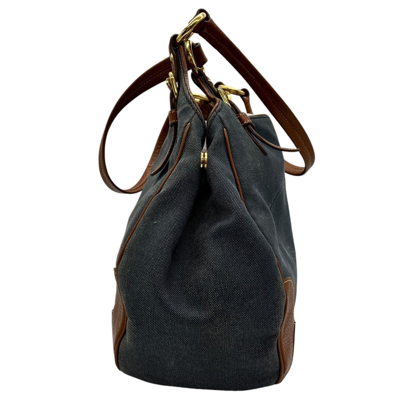 美品 PRADA プラダ ロゴ ジャガード トートバッグ ショルダー デニム レザー ブルー ブラウン ゴールド金具 D5