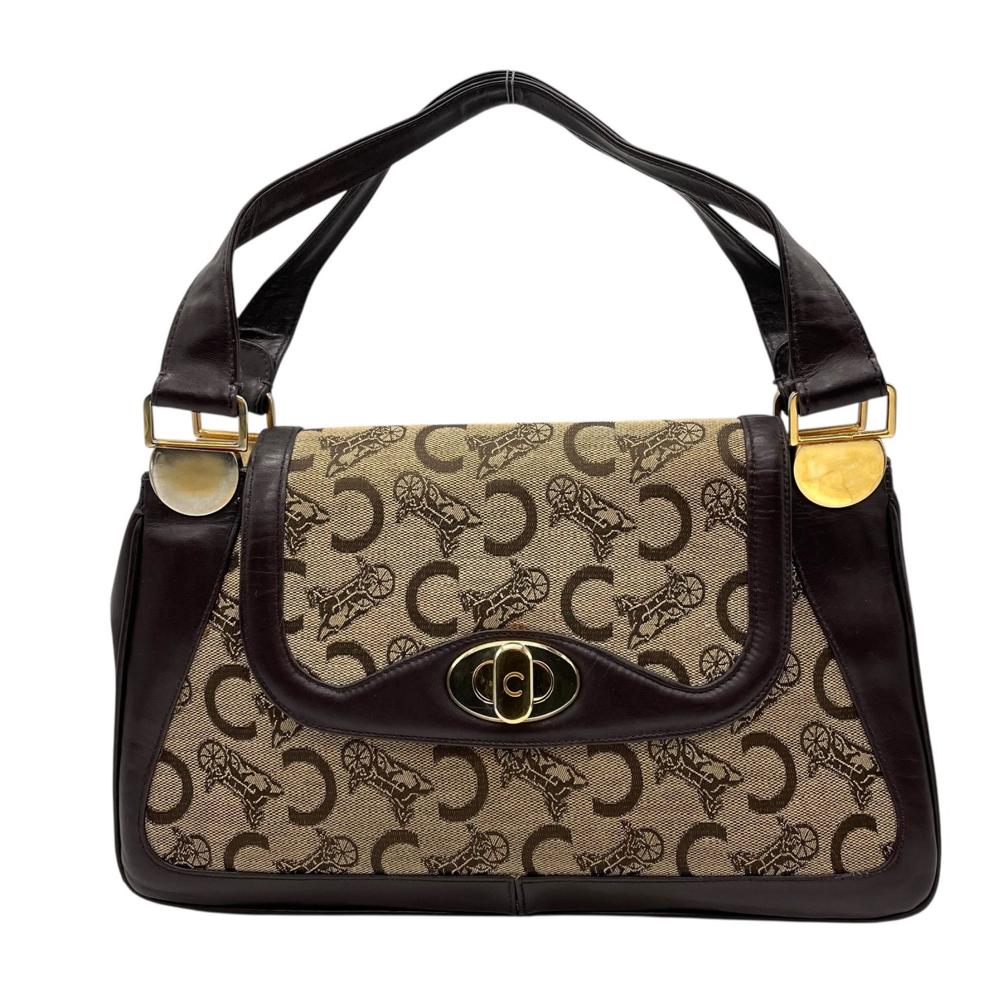 Authentic CELINE C Macadam Turnlock Handbag Canvas Leather Brown Gold Hardware Women